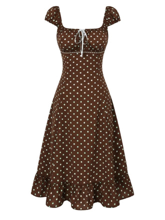 [Prévente] Robe à volants et col carré à pois brun années 1940