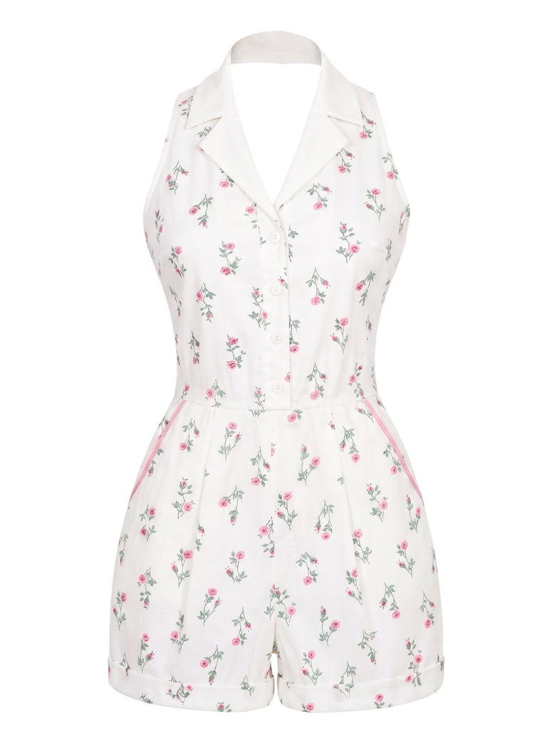 [Prévente] Combishort Floral Halter Poche Blanc Années 1960