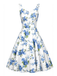 [Prévente] Robe Sans Manches Floral Mi-Longue Ajusté Évasé Blanc & Bleu Années 1950