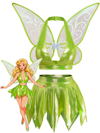 3PCS Costume Fée Princesse Vert avec Ailes Années 1950