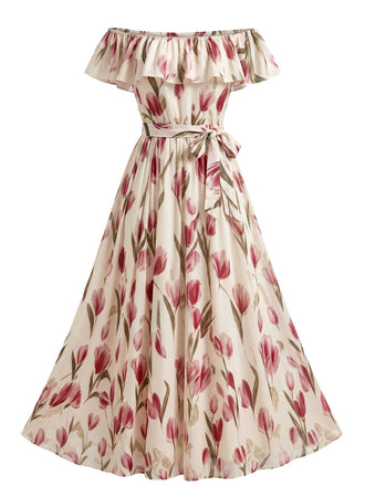 Robe Tulipe Floral Épaules Dénudées Volant Ceinturé Évasé Années 1930 2
