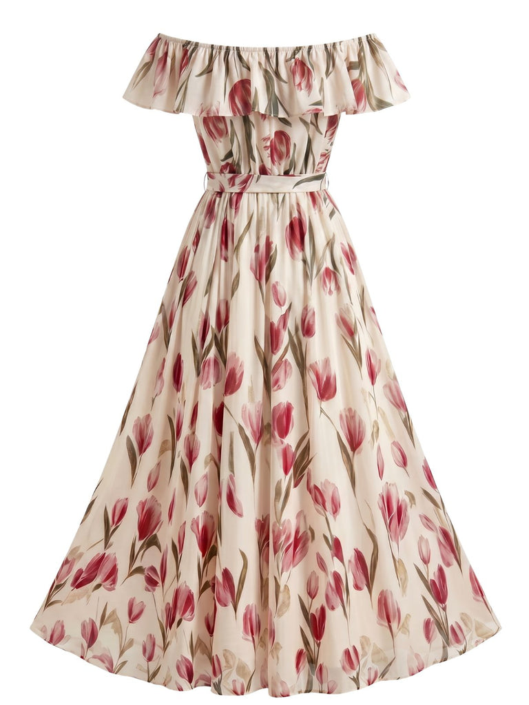 Robe Tulipe Floral Épaules Dénudées Volant Ceinturé Évasé Années 1930 3