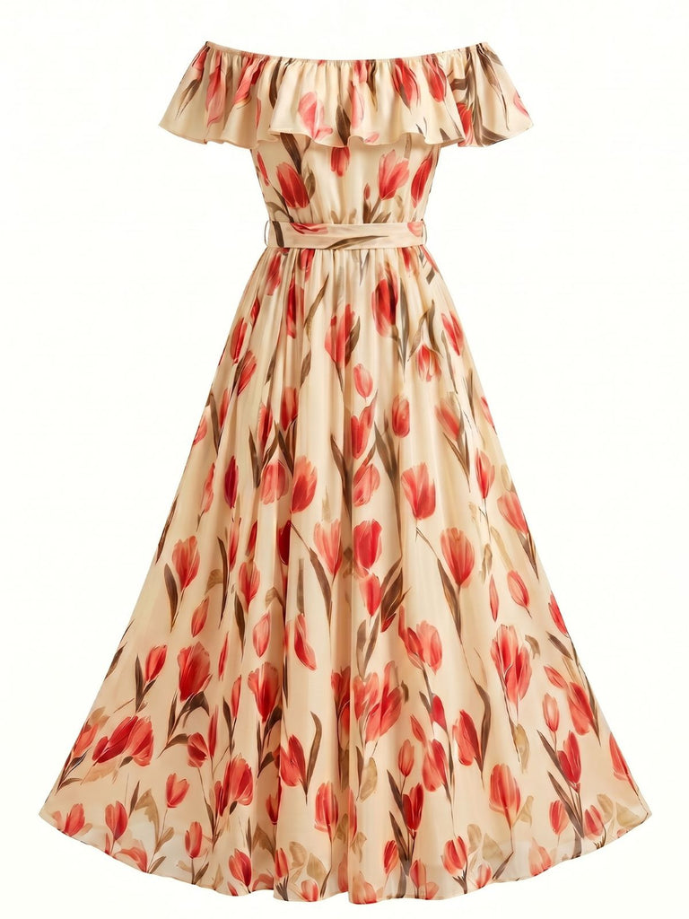 Robe Tulipe Floral Épaules Dénudées Volant Ceinturé Évasé Années 1930 6