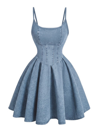 Robe Bleu Claire Bretelles Fines Corset Denim Années 1950