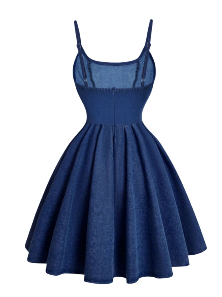 Robe Bleu Bretelles Fines Corset Denim Années 1950 3