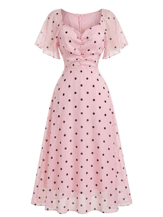 Robe midi rose pois manches bouffantes et décolleté cœur années 40