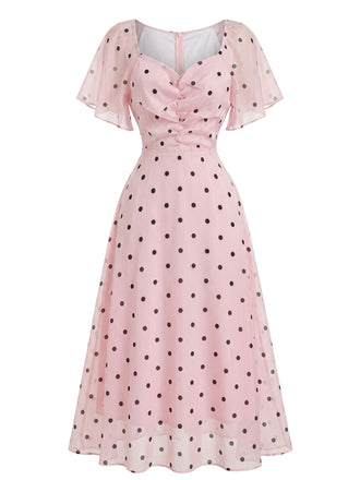 Robe Rose à Pois Manches Bouffantes Cœur Midi Années 1940 2