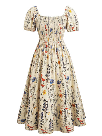 [Grande Taille] Grande Taille [] Floral Imprimé Manches Bouffantes Smocké Ligne A Années 1940 2