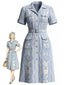[Prévente] Robe bleue motifs végétaux ceinture et poches fendues années 1940