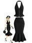 [Prévente] 2PCS Ensemble haut dos nu en maille noire et jupe sirène années 1960