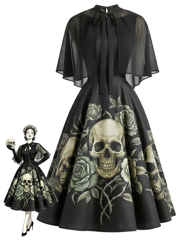 [Prévente] Robe Noir Tête de Mort Rose Gothique Cape Manche Années 1950
