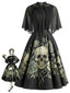 [Prévente] Robe Noir Tête de Mort Rose Gothique Avec Cape Années 1950