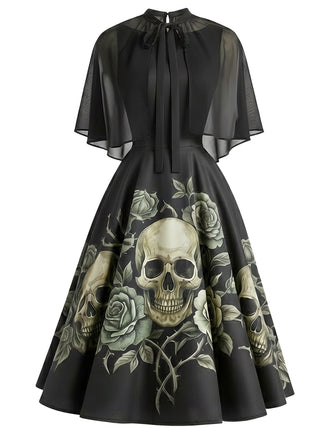 [Prévente] Robe Noir Tête de Mort Rose Gothique Cape Manche Années 1950