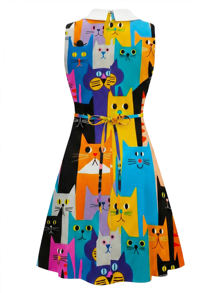 Robe trapèze multicolore motif chats et Claudine années 60