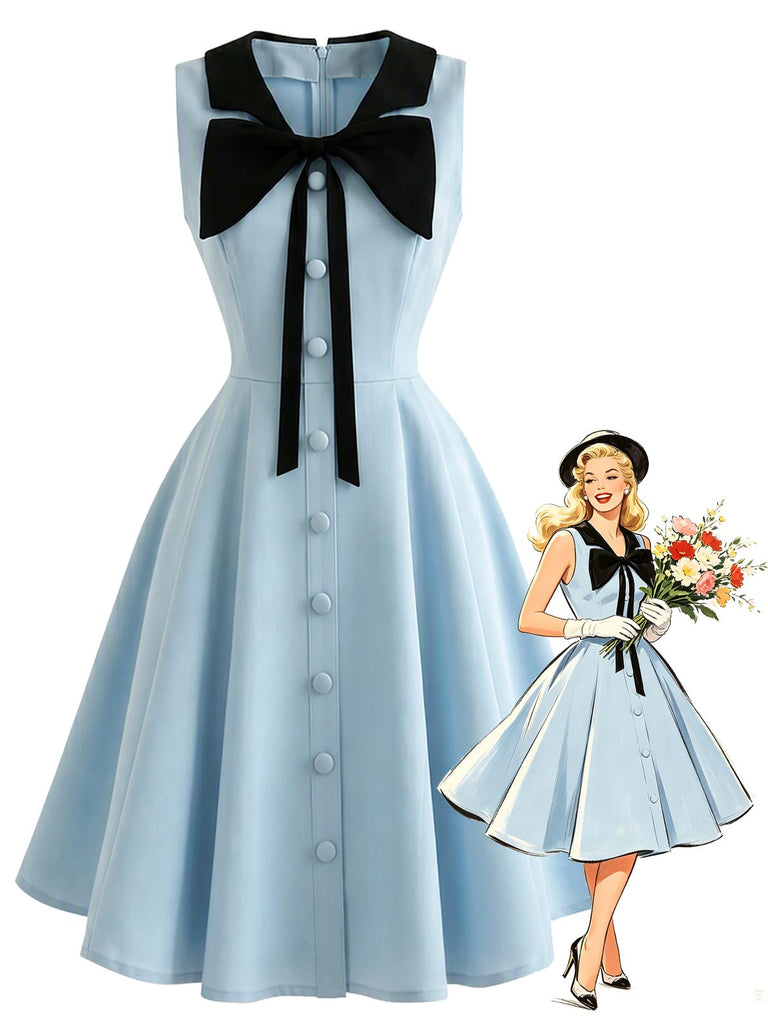Robe bleue sans manches col nœud papillon et poches années 1950
