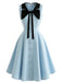 Robe bleue sans manches col nœud papillon et poches années 1950