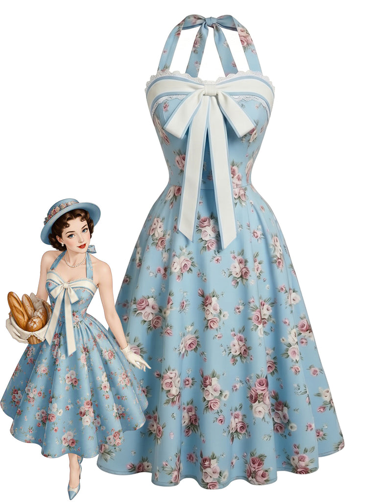 [Prévente] Robe bleu clair à fleurs, col Halter, dentelle et nœud Années 1950 - 1
