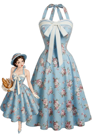 [Prévente] Robe bleu clair à fleurs, col Halter, dentelle et nœud Années 1950 - 1
