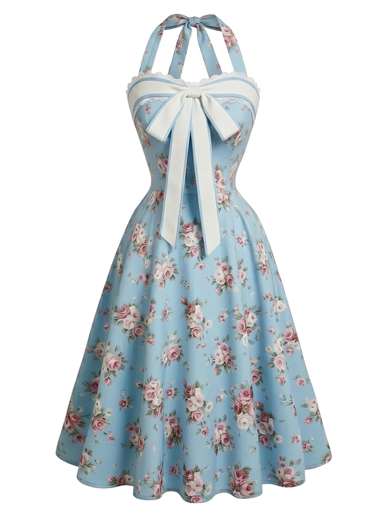 [Prévente] Robe bleu clair à fleurs, col Halter, dentelle et nœud Années 1950 - 2