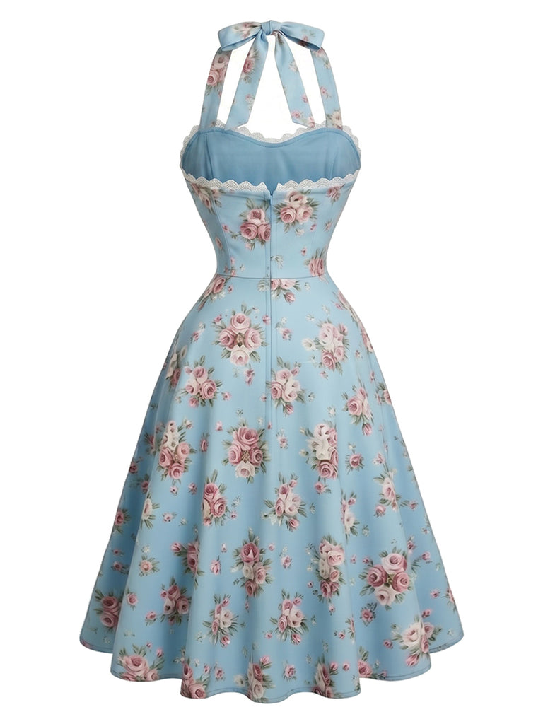 [Prévente] Robe bleu clair à fleurs, col Halter, dentelle et nœud Années 1950 - 3