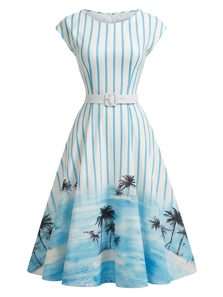 [Prévente] Robe Évasée Bleue Rayée Imprimé Palmier avec Poches Années 1950 2