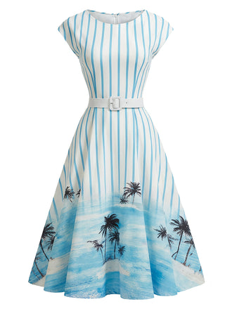 [Prévente] Robe Évasée Bleue Rayée Imprimé Palmier avec Poches Années 1950 2
