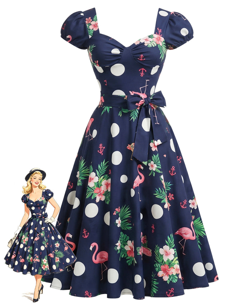 [Prévente] Robe Marine à Pois Floral Flamingo Évasé Années 1950