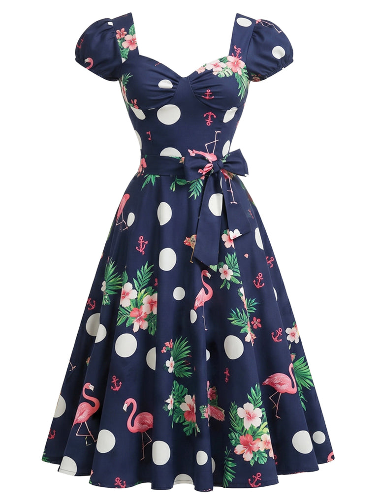 [Prévente] Robe Marine à Pois Floral Flamingo Évasé Années 1950