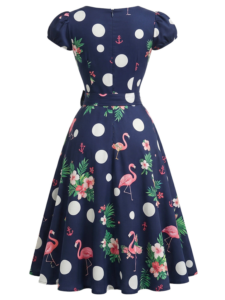 [Prévente] Robe Marine à Pois Floral Flamingo Évasé Années 1950