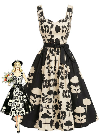 [Prévente] Robe évasée noire et blanche à fleurs contrastées années 1950