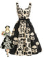 [Prévente] Robe évasée noire et blanche à fleurs contrastées années 1950
