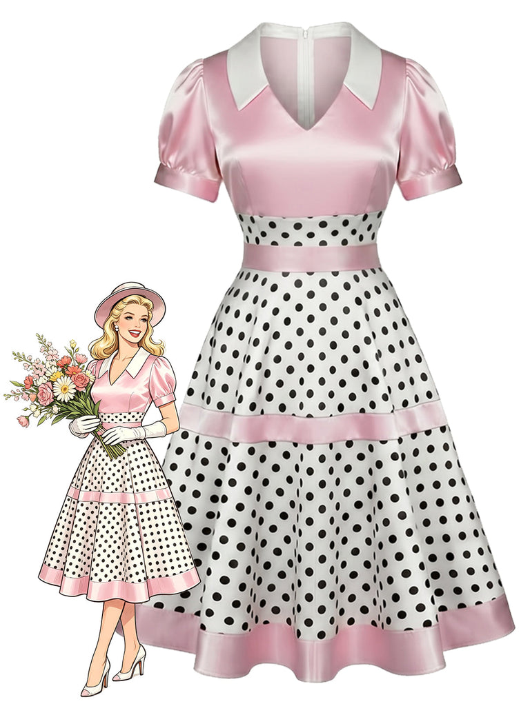 [Prévente] Robe rose en satin à pois, col V et nœud Années 1950