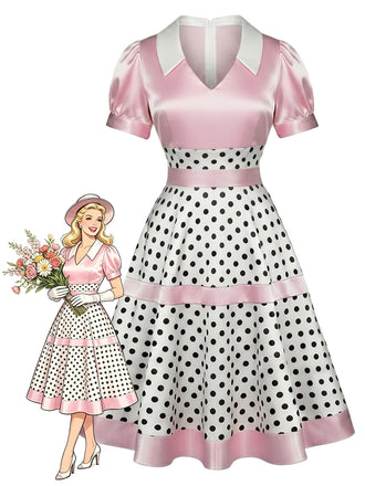 [Prévente] Robe rose en satin à pois, col V et nœud Années 1950