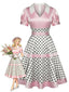 [Prévente] Robe rose satin pois col V et nœud années 50