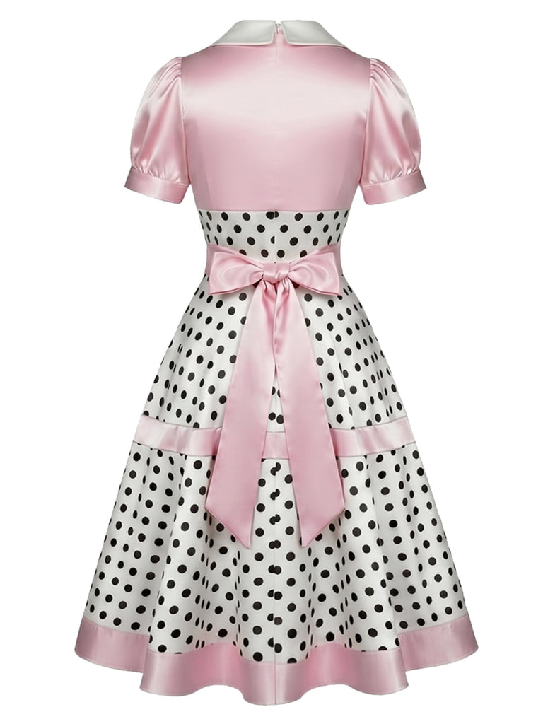 [Prévente] Robe rose en satin à pois, col V et nœud Années 1950