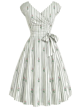 [Pre-Sale] Chartreuse 1940s Striped Vintage Classic Dress 2