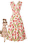 [Prévente] Robe trapèze sans manches encolure croisée et motif tulipes années 1950