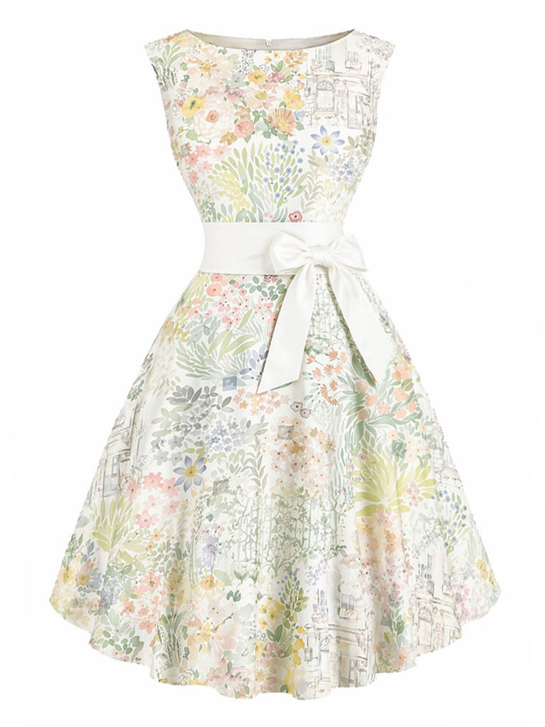 [Prévente] Robe Rockabilly Sans Manches Floral Aquarelle Chartreuse Années 1950