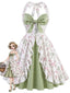 [Prévente] Robe dos-nu patchwork gris-vert motif floral et volants années 1950