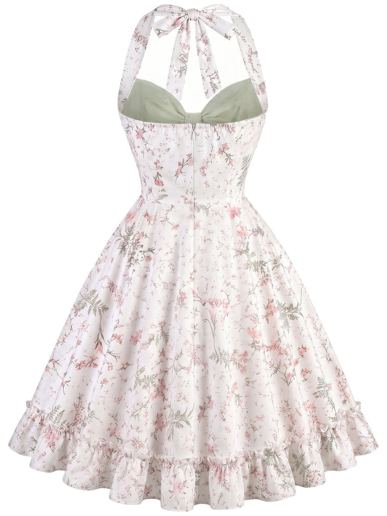 [Prévente] Robe Patchwork Florale à Col Halter avec Volants Gris Vert Années 1950