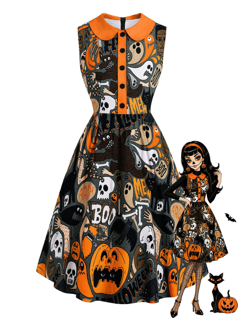 [Prévente] Robe noire Halloween à imprimé et col Claudine Années 1960