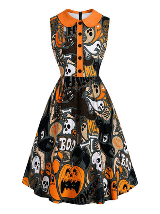 [Prévente] Robe noire Halloween à imprimé et col Claudine Années 1960