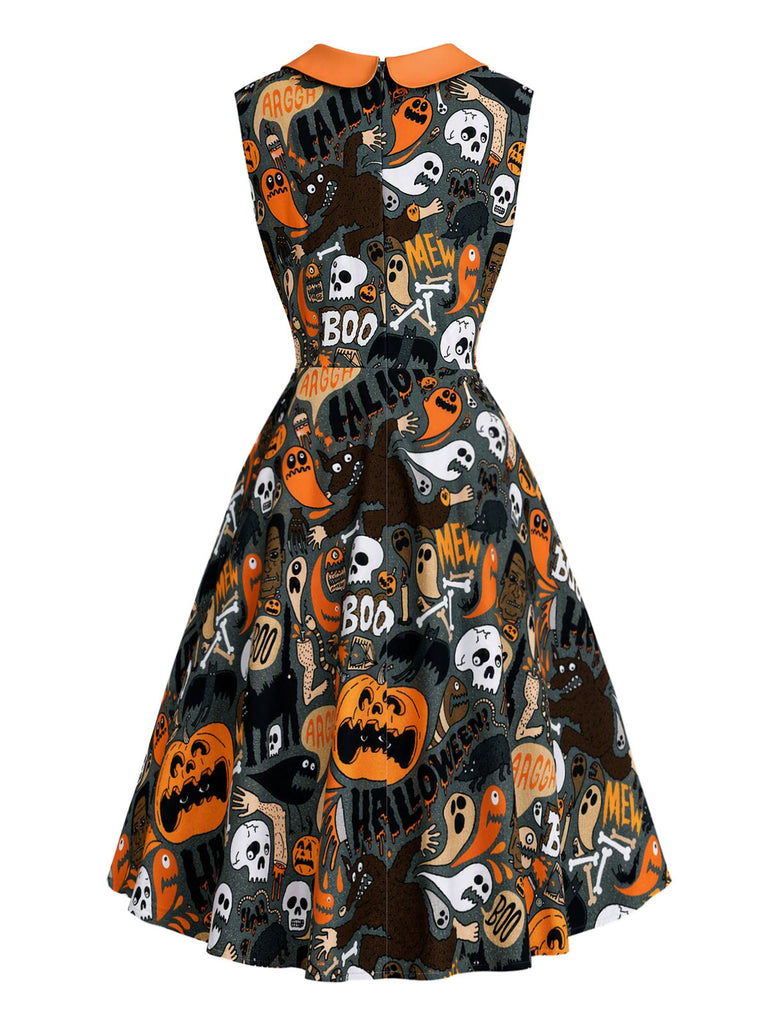 [Prévente] Robe noire Halloween à imprimé et col Claudine Années 1960