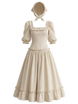 [Prévente] Robe Crème Color Col Carré Volant Années 1970