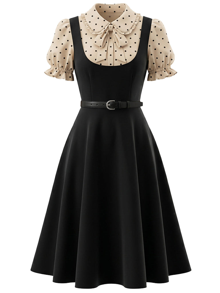 [Prévente] Robe noire à pois, col Claudine et ceinture Années 1940 - 2