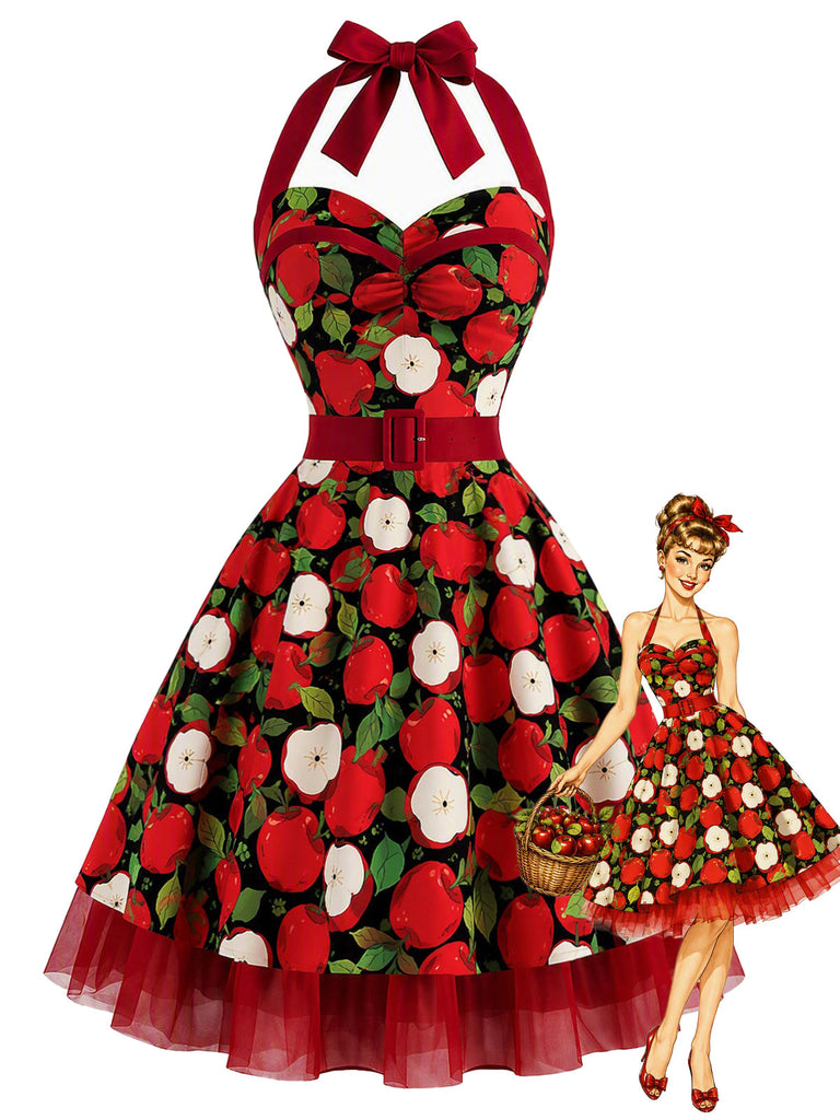 [Prévente] Robe évasée rouge à imprimé pommes, col halter et ceinture années 1950 - 1