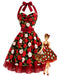 [Prévente] Robe évasée rouge à imprimé pommes, col halter et ceinture années 1950 - 1