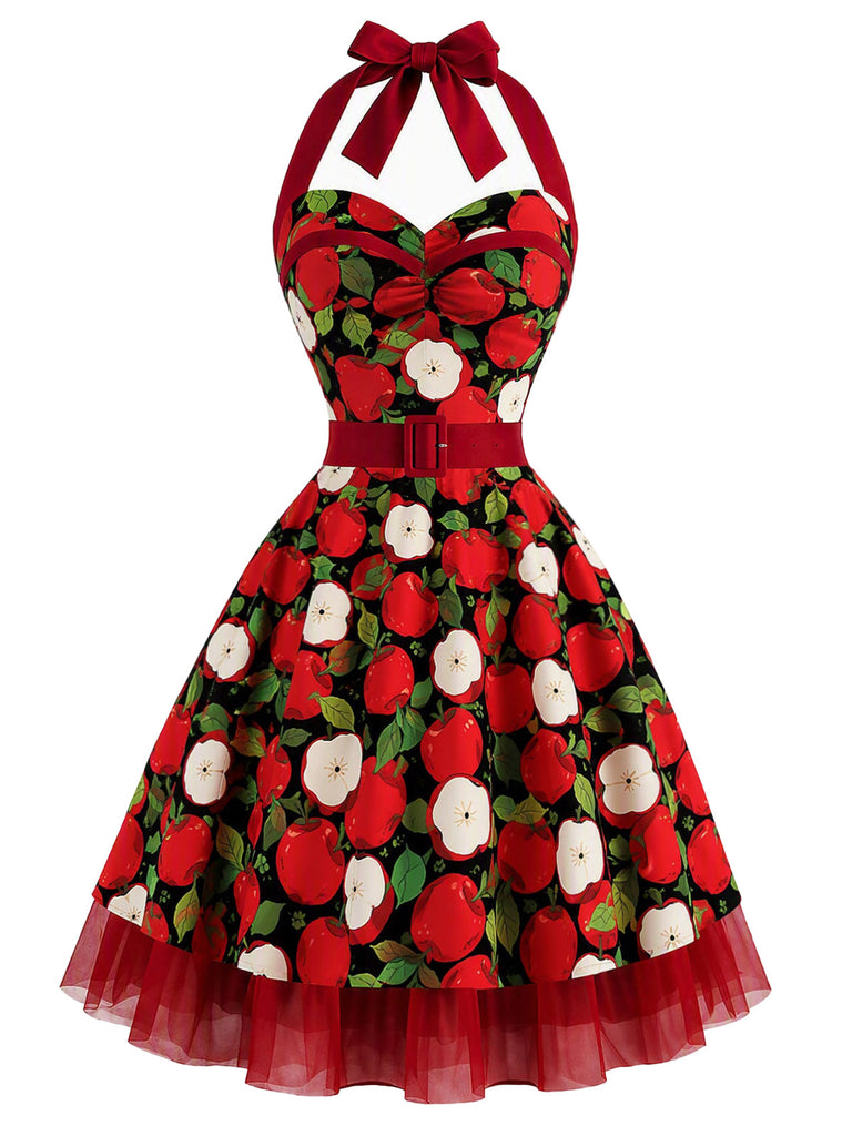 [Prévente] Robe évasée rouge à imprimé pommes, col halter et ceinture années 1950 - 2