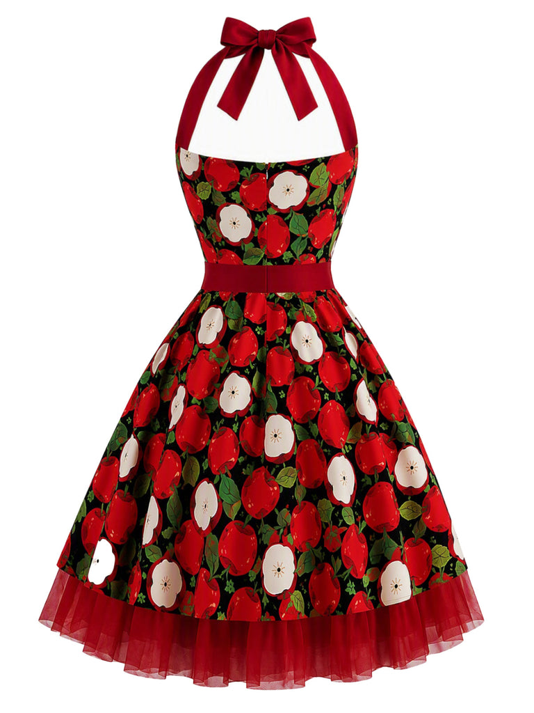 [Prévente] Robe évasée rouge à imprimé pommes, col halter et ceinture années 1950 - 3