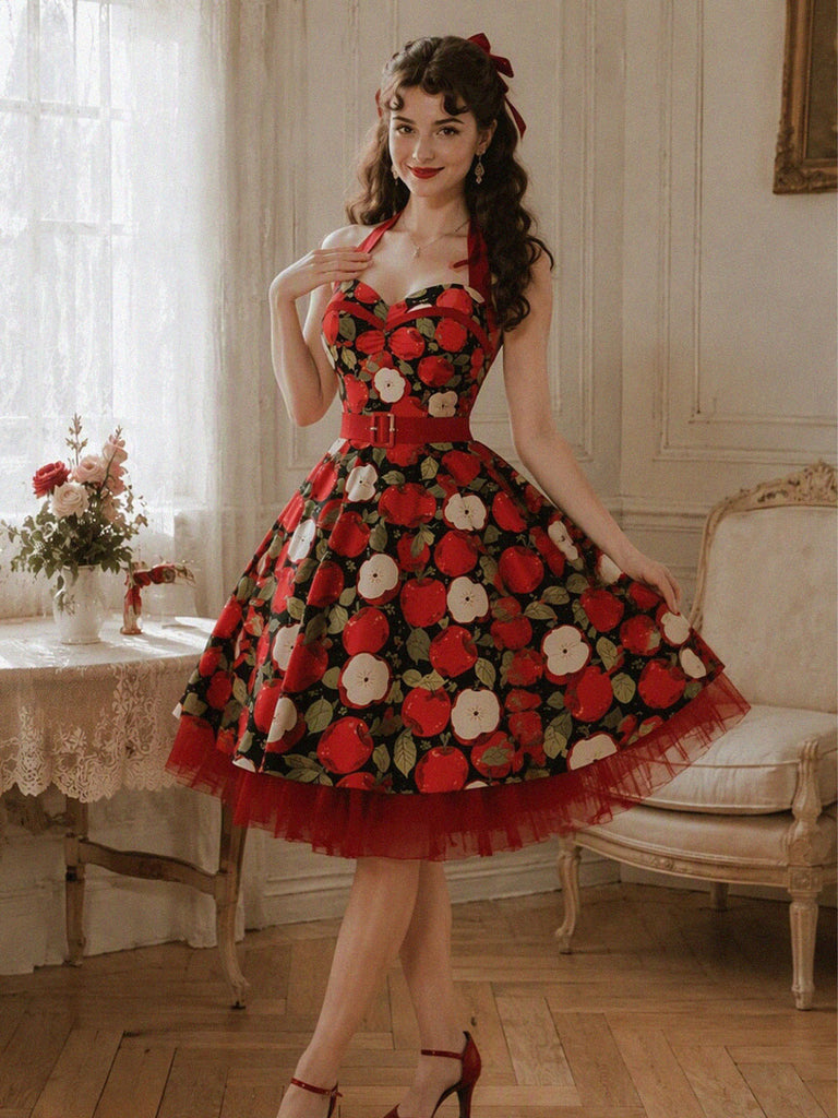 [Prévente] Robe évasée rouge à imprimé pommes, col halter et ceinture années 1950 - 4